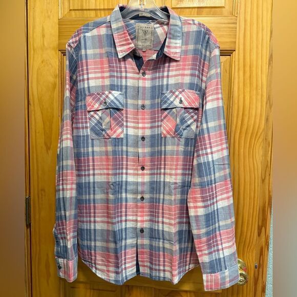 Guess size L slim fit Plaid Button-Up Shirt in Pink and Blue - Picture 1 of 10